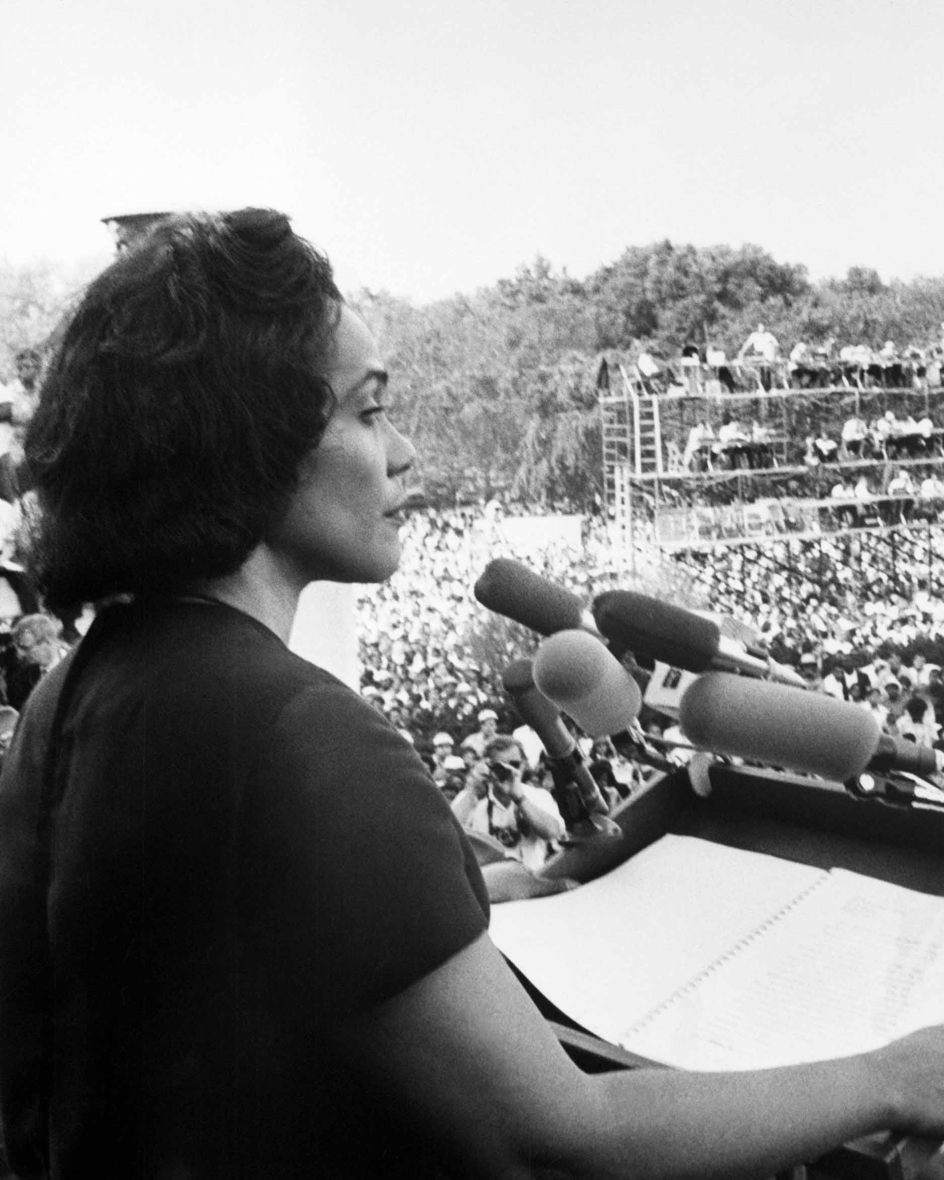 Coretta Scott King addresses the "Solidarity Day" rally of the Poor People's Campaign from the steps of the Lincoln Memorial.